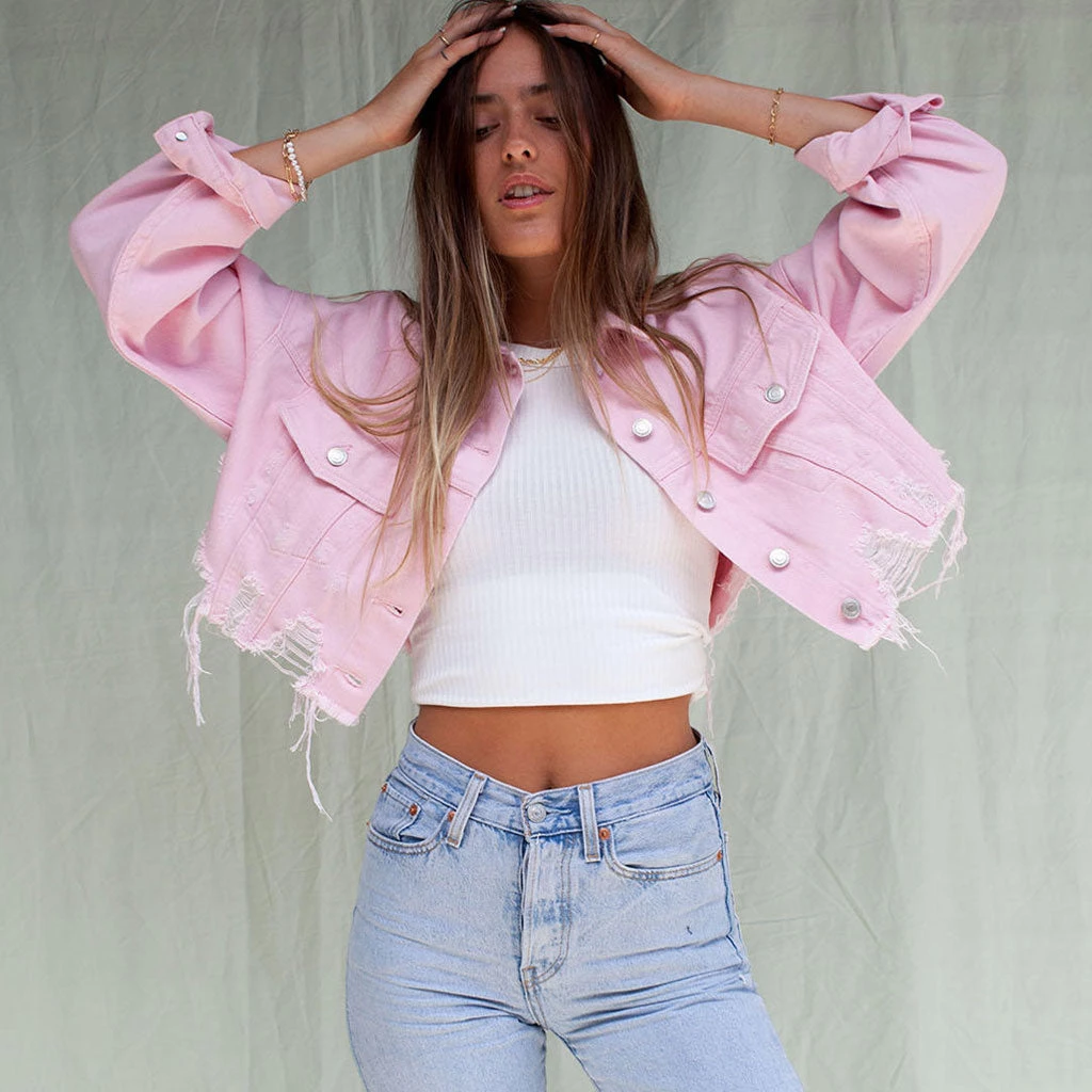 Trendy & Unique Street Long Sleeve Button Up Frayed Crop Denim Jacket - Pink 4 Trendy & Unique Street Long Sleeve Button Up Frayed Crop Denim Jacket - Pink