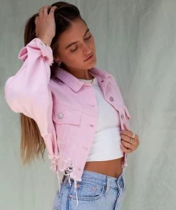 Trendy & Unique Street Long Sleeve Button Up Frayed Crop Denim Jacket - Pink 8 Trendy & Unique Street Long Sleeve Button Up Frayed Crop Denim Jacket - Pink