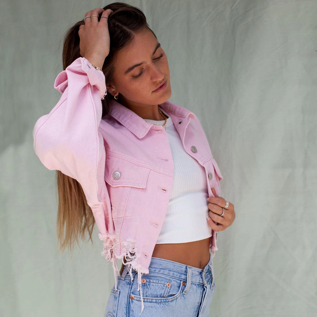 Trendy & Unique Street Long Sleeve Button Up Frayed Crop Denim Jacket - Pink 5 Trendy & Unique Street Long Sleeve Button Up Frayed Crop Denim Jacket - Pink