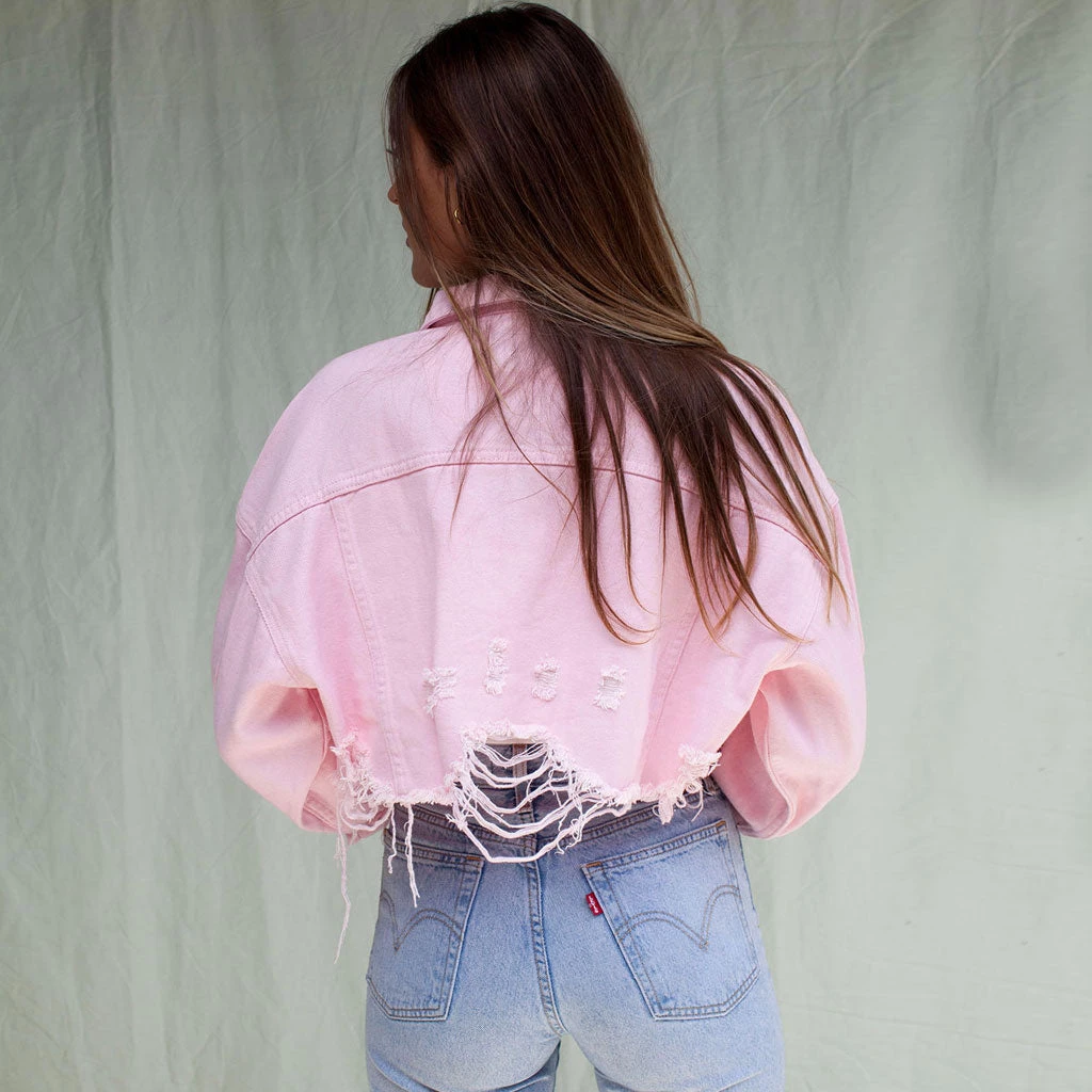 Trendy & Unique Street Long Sleeve Button Up Frayed Crop Denim Jacket - Pink 6 Trendy & Unique Street Long Sleeve Button Up Frayed Crop Denim Jacket - Pink