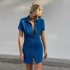 Trendy & Unique Street Point Collar Button Down Ruched Sweater Mini Dress - Blue
