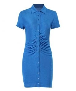Trendy & Unique Street Point Collar Button Down Ruched Sweater Mini Dress - Blue 9 Trendy & Unique Street Point Collar Button Down Ruched Sweater Mini Dress - Blue