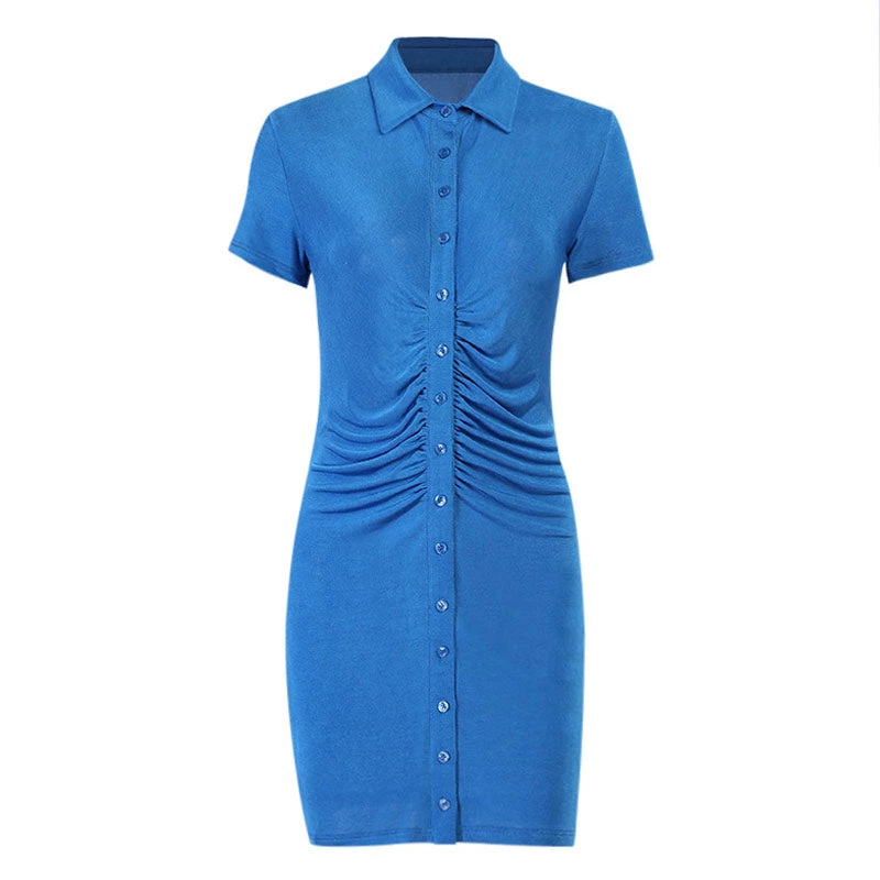 Trendy & Unique Street Point Collar Button Down Ruched Sweater Mini Dress - Blue 5 Trendy & Unique Street Point Collar Button Down Ruched Sweater Mini Dress - Blue