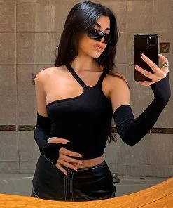 Trendy & Unique Street Style Asymmetric Strap Long Sleeve Crop T-Shirt - Black What's New