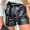 Trendy & Unique What's New Street Style Belted Solid High Waist Leather Shorts - Black