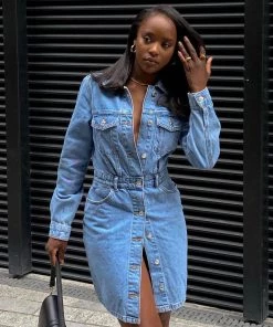 Trendy & Unique What's New Street Style Button Down Long Sleeve Denim Midi Dress - Blue