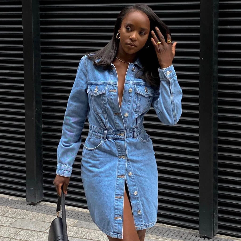Trendy & Unique What's New Street Style Button Down Long Sleeve Denim Midi Dress - Blue 4 Trendy & Unique What's New Street Style Button Down Long Sleeve Denim Midi Dress - Blue
