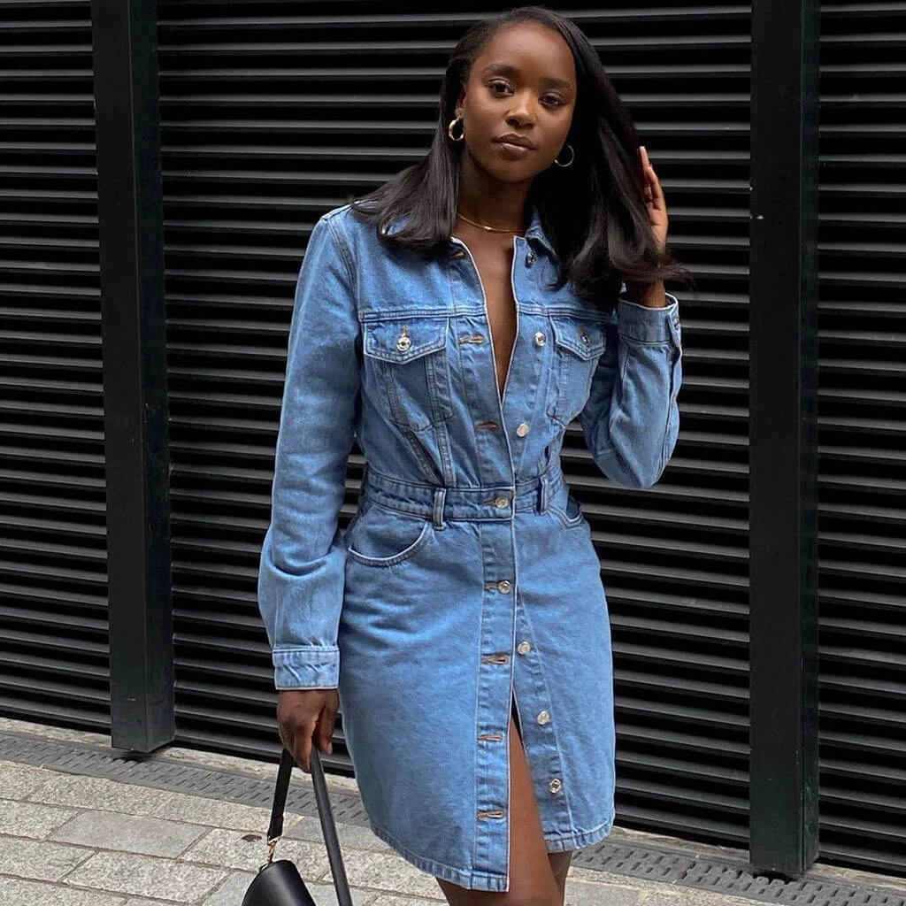 Trendy & Unique What's New Street Style Button Down Long Sleeve Denim Midi Dress - Blue 5 Trendy & Unique What's New Street Style Button Down Long Sleeve Denim Midi Dress - Blue