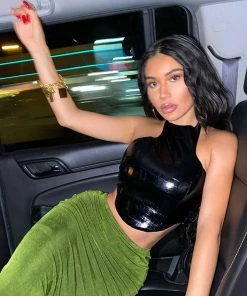 Trendy & Unique Street Style Croco Embossed Halter Neck Crop Leather Top - Black