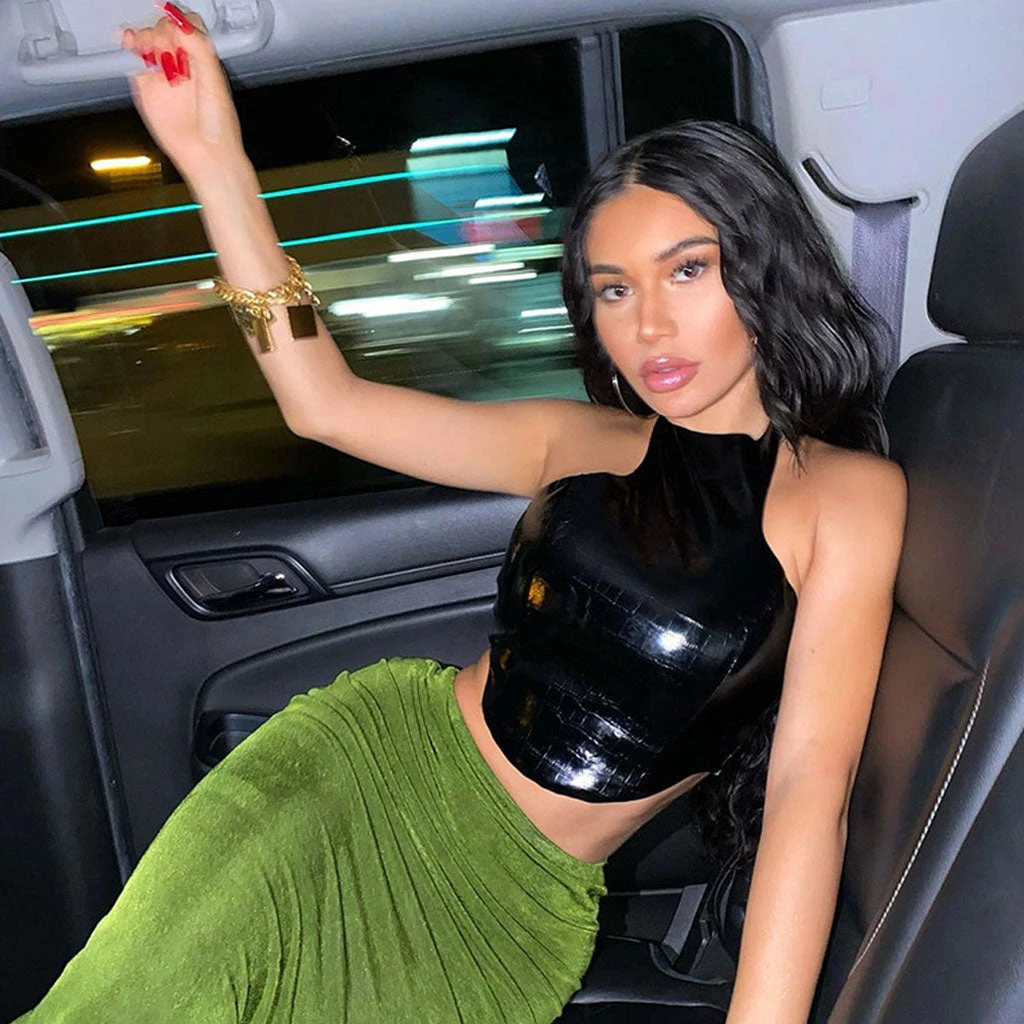 Trendy & Unique Street Style Croco Embossed Halter Neck Crop Leather Top - Black 3 Trendy & Unique Street Style Croco Embossed Halter Neck Crop Leather Top - Black