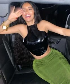 Trendy & Unique Street Style Croco Embossed Halter Neck Crop Leather Top - Black