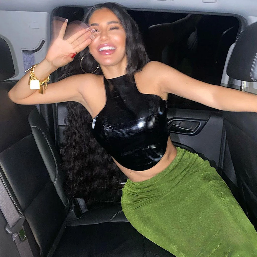 Trendy & Unique Street Style Croco Embossed Halter Neck Crop Leather Top - Black 4 Trendy & Unique Street Style Croco Embossed Halter Neck Crop Leather Top - Black