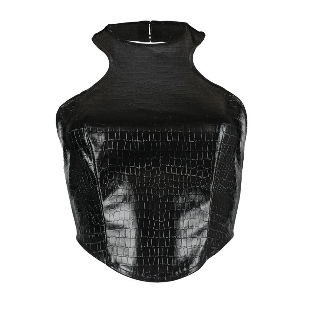 Trendy & Unique Street Style Croco Embossed Halter Neck Crop Leather Top - Black 5 Trendy & Unique Street Style Croco Embossed Halter Neck Crop Leather Top - Black