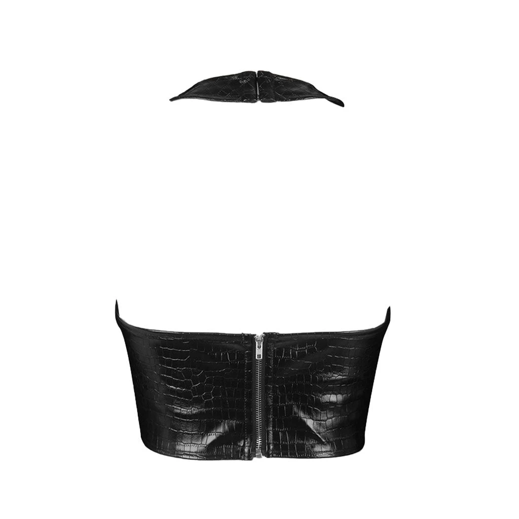 Trendy & Unique Street Style Croco Embossed Halter Neck Crop Leather Top - Black 6 Trendy & Unique Street Style Croco Embossed Halter Neck Crop Leather Top - Black