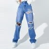 Trendy & Unique Street Style Cut Out High Waist Frayed Straight Leg Jeans- Blue What's New