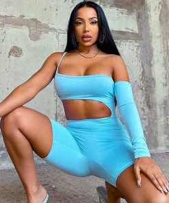 Trendy & Unique Street Style Cut Out One Shoulder Long Sleeve Biker Romper - Blue What's New