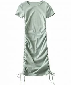 Trendy & Unique Street Style Drawstring Side Rib Knit Mini Dress - Sage Green