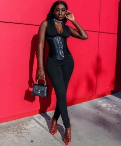 Trendy & Unique Street Style High Neck Zip Front Long Sleeve Corset Jumpsuit - Black What's New