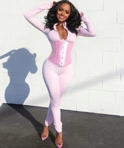Trendy & Unique What's New Street Style High Neck Zip Front Long Sleeve Corset Jumpsuit - Pink