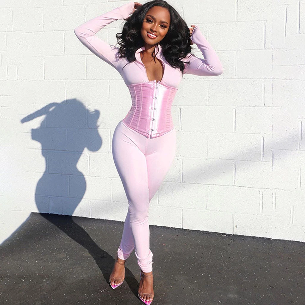 Trendy & Unique What's New Street Style High Neck Zip Front Long Sleeve Corset Jumpsuit - Pink 4 Trendy & Unique What's New Street Style High Neck Zip Front Long Sleeve Corset Jumpsuit - Pink