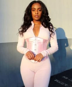 Trendy & Unique What's New Street Style High Neck Zip Front Long Sleeve Corset Jumpsuit - Pink 8 Trendy & Unique What's New Street Style High Neck Zip Front Long Sleeve Corset Jumpsuit - Pink