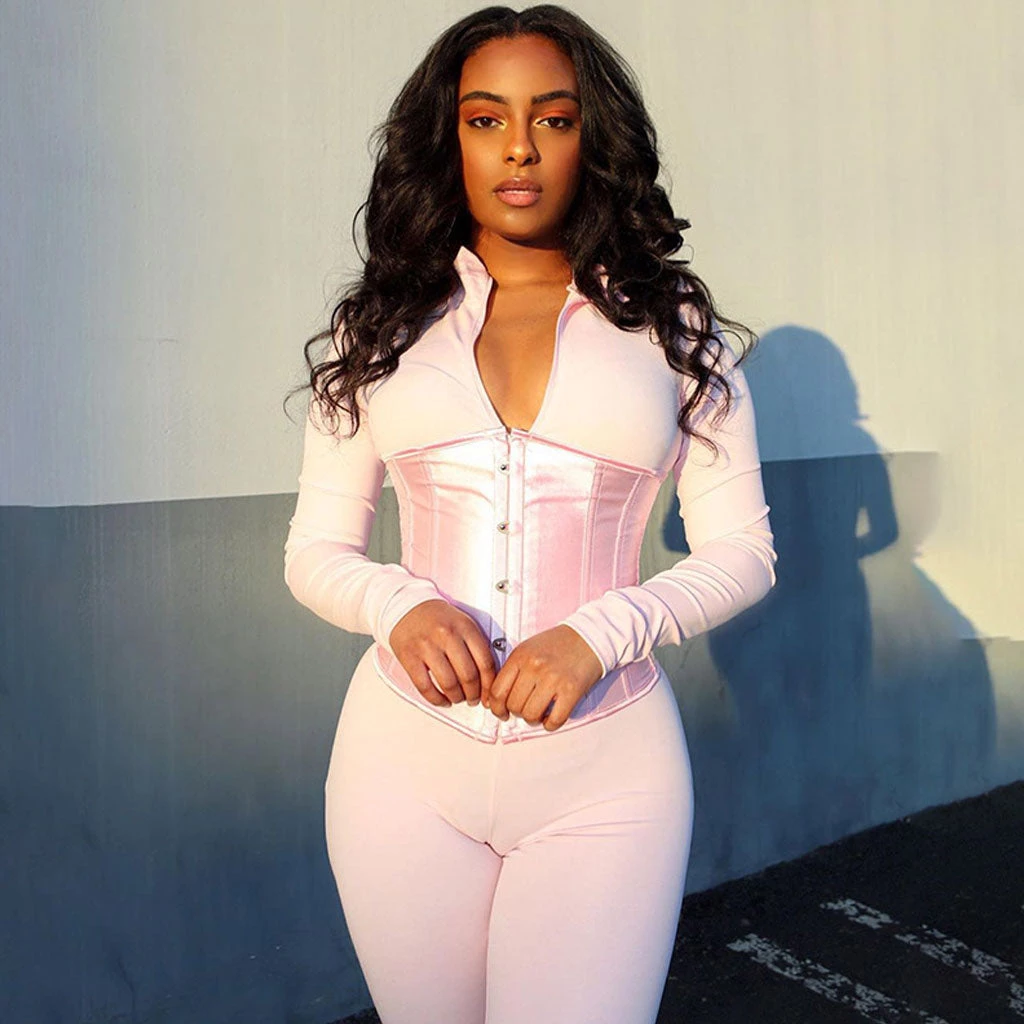 Trendy & Unique What's New Street Style High Neck Zip Front Long Sleeve Corset Jumpsuit - Pink 5 Trendy & Unique What's New Street Style High Neck Zip Front Long Sleeve Corset Jumpsuit - Pink