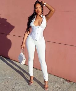 Trendy & Unique Street Style High Neck Zip Front Long Sleeve Corset Jumpsuit - White