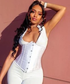 Trendy & Unique Street Style High Neck Zip Front Long Sleeve Corset Jumpsuit - White 8 Trendy & Unique Street Style High Neck Zip Front Long Sleeve Corset Jumpsuit - White