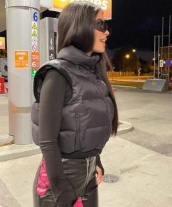 Trendy & Unique Street Style High Neck Zipper Front Cropped Quilted Vest - Black