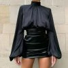 Trendy & Unique Street Style High Waist Ruched Bodycon Leather Mini Skirt - Black