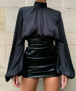 Trendy & Unique Street Style High Waist Ruched Bodycon Leather Mini Skirt - Black