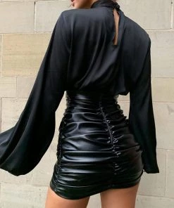 Trendy & Unique Street Style High Waist Ruched Bodycon Leather Mini Skirt - Black