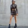 Trendy & Unique What's New Street Style Long Sleeve Crop Leather Jacket Matching Set - Coffee