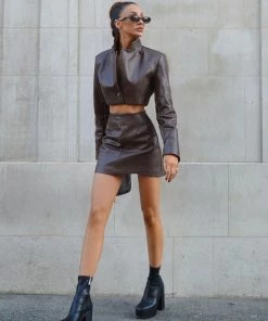 Trendy & Unique What's New Street Style Long Sleeve Crop Leather Jacket Matching Set - Coffee