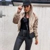 Trendy & Unique Street Style Long Sleeve Rhombus Quilted Bomber Jacket - Apricot