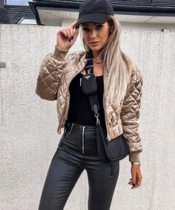 Trendy & Unique Street Style Long Sleeve Rhombus Quilted Bomber Jacket - Apricot