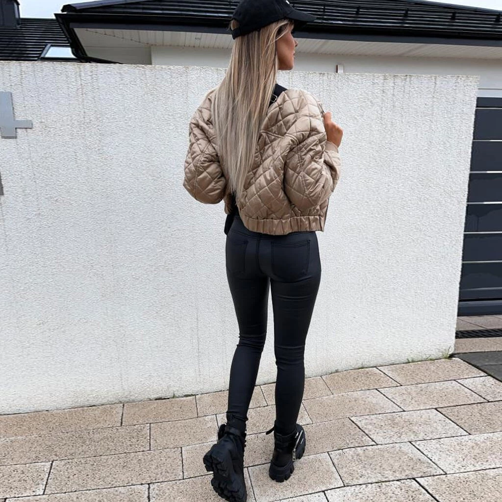 Trendy & Unique Street Style Long Sleeve Rhombus Quilted Bomber Jacket - Apricot 4 Trendy & Unique Street Style Long Sleeve Rhombus Quilted Bomber Jacket - Apricot