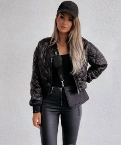 Trendy & Unique Street Style Long Sleeve Rhombus Quilted Bomber Jacket - Black