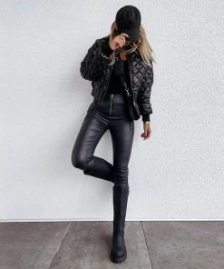 Trendy & Unique Street Style Long Sleeve Rhombus Quilted Bomber Jacket - Black