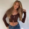 Trendy & Unique Street Style Long Sleeve Tie Front Shirred Crop Top - Brown