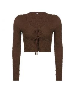 Trendy & Unique Street Style Long Sleeve Tie Front Shirred Crop Top - Brown