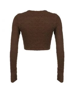 Trendy & Unique Street Style Long Sleeve Tie Front Shirred Crop Top - Brown