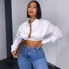 Trendy & Unique What's New Street Style Ruched Long Sleeve Collared V Neck Crop Blouse - White