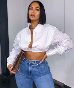 Trendy & Unique What's New Street Style Ruched Long Sleeve Collared V Neck Crop Blouse - White