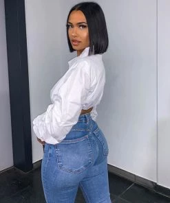 Trendy & Unique What's New Street Style Ruched Long Sleeve Collared V Neck Crop Blouse - White