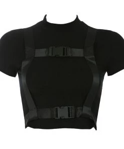 Trendy & Unique What's New Street Style Short Sleeve Buckled Strap High Neck Crop Top - Black
