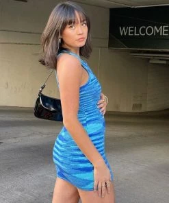 Trendy & Unique What's New Street Style Spacedye Crew Neck Sleeveless Knit Dress - Blue