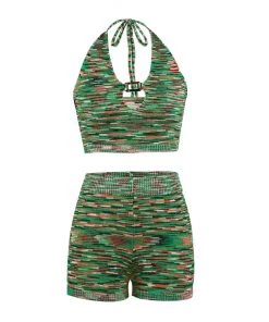 Trendy & Unique Street Style Spacedye Halter Top Knit Short Matching Set - Green What's New