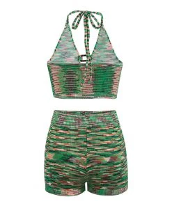 Trendy & Unique Street Style Spacedye Halter Top Knit Short Matching Set - Green What's New