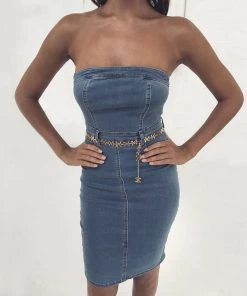 Trendy & Unique Street Style Strapless Bustier Bodycon Denim Mini Dress - Blue